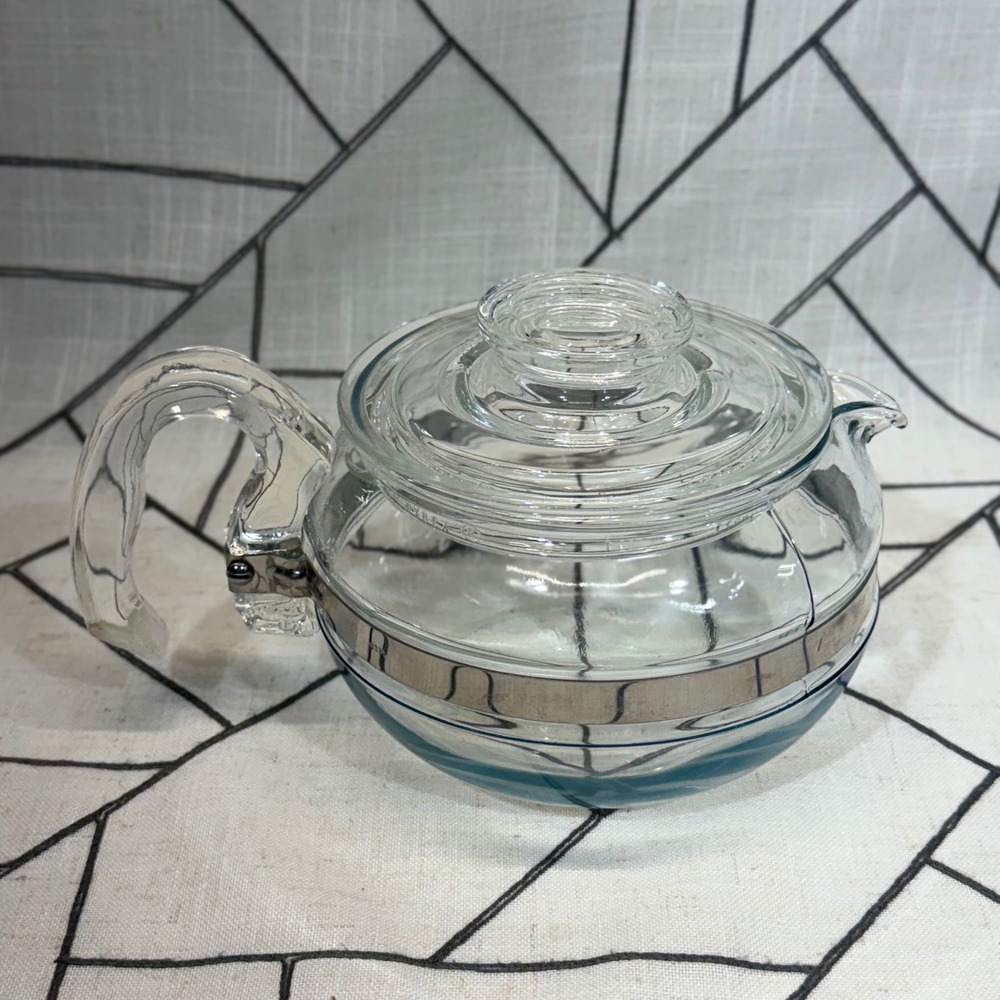 Pyrex Teapot 6 Cup Clear Glass Vintage 8336 Stainless Band Lid READ